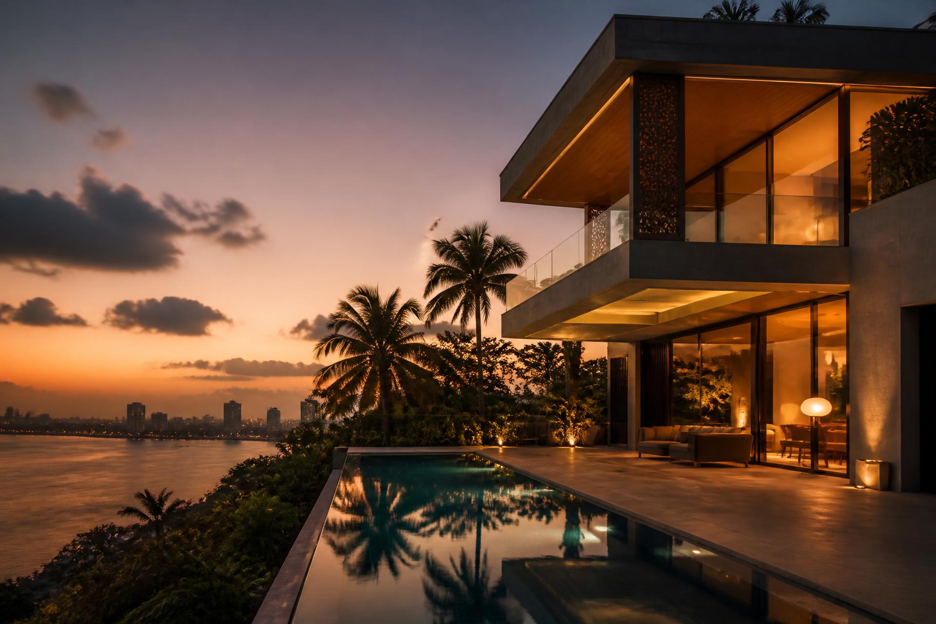 Villa contemporaine avec piscine surplombant le fleuve Congo à Kinshasa au crépuscule